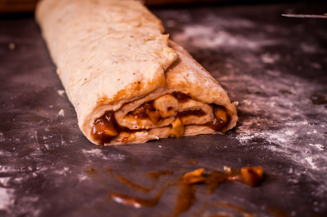 Apple Cinnamon Roll Dough - Slicing off Rolls